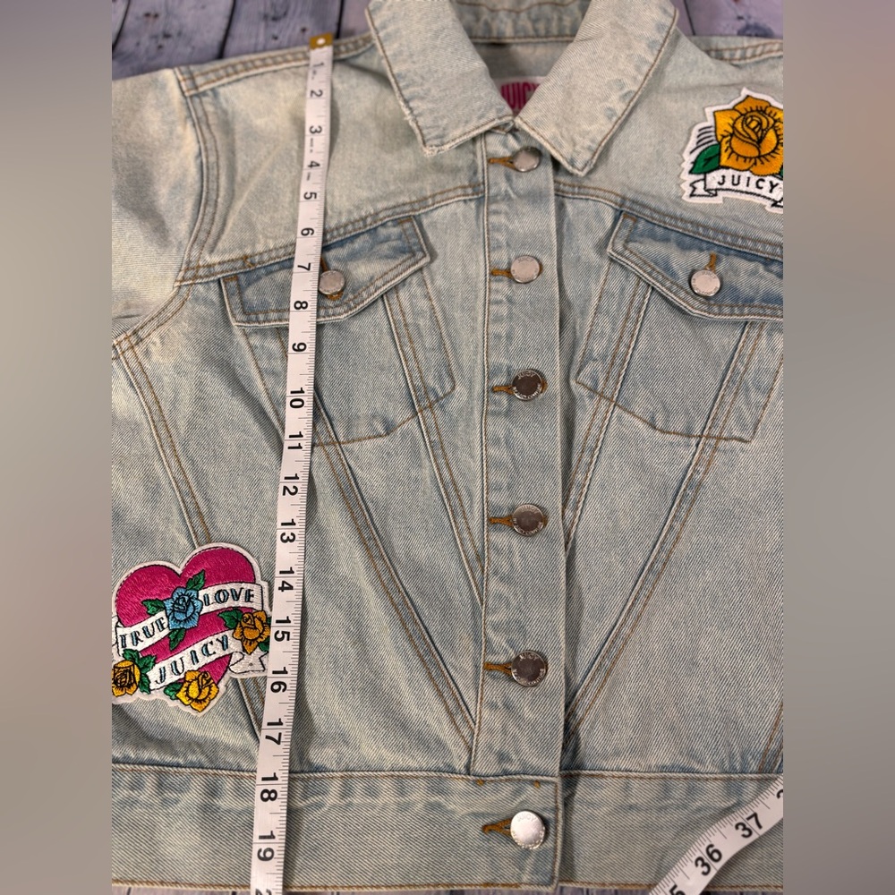Juicy Couture Cabana Wash Tattoo Patch Distressed Cropped Urban Denim Jacket S - Picture 13 of 14